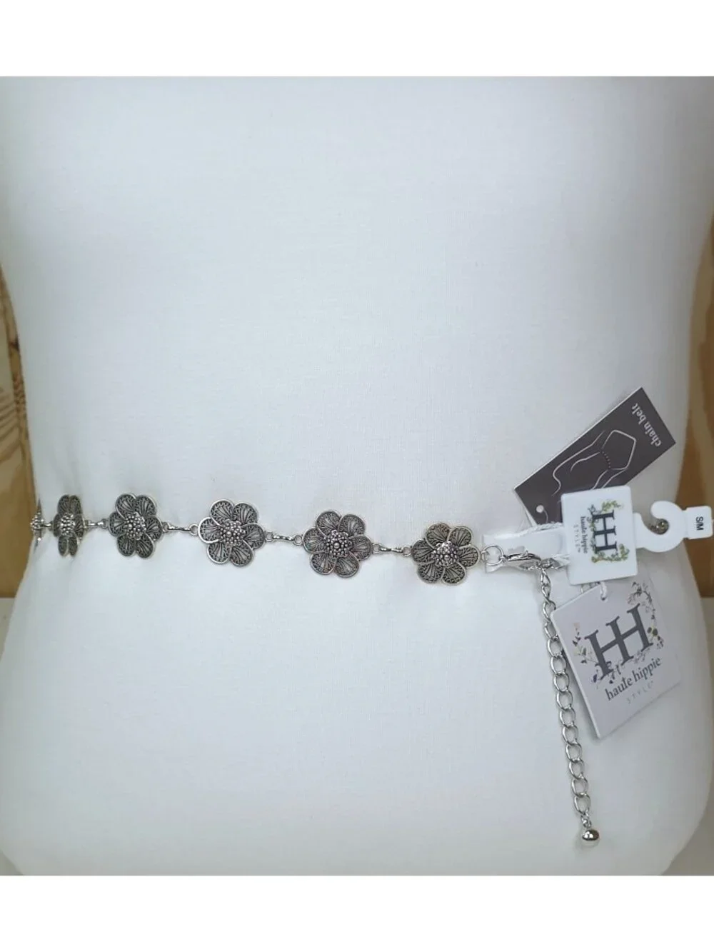 Haute Hippie Silver Flower Chain Belt Concho Adjustable S/M 1.25